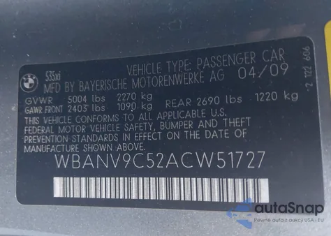 2010 BMW 535I xDrive from USA, damaged, VIN WBANV9C52ACW51727